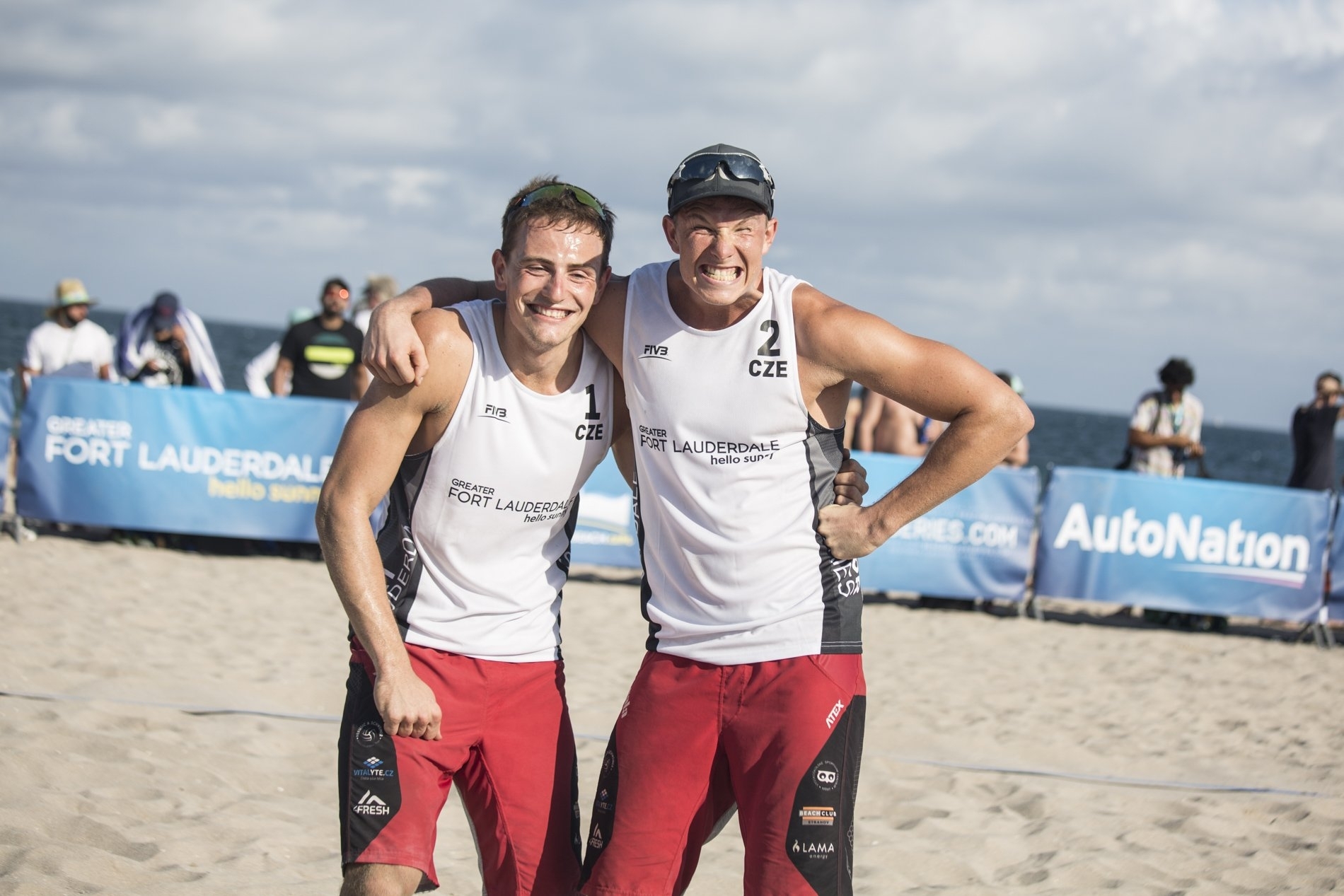 Perusic (left) and Schweiner were all smiles after their shock win over last year's champions
